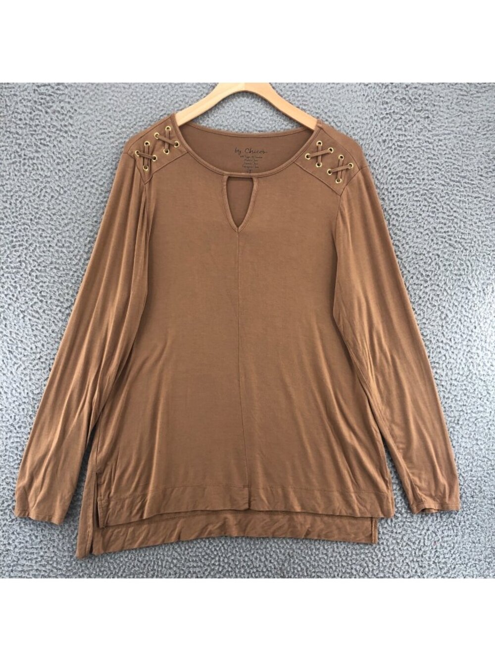 Chicos Top Womens 1 US Medium Brown Knit Lace Up Shoulders Keyhole Neck Tunic